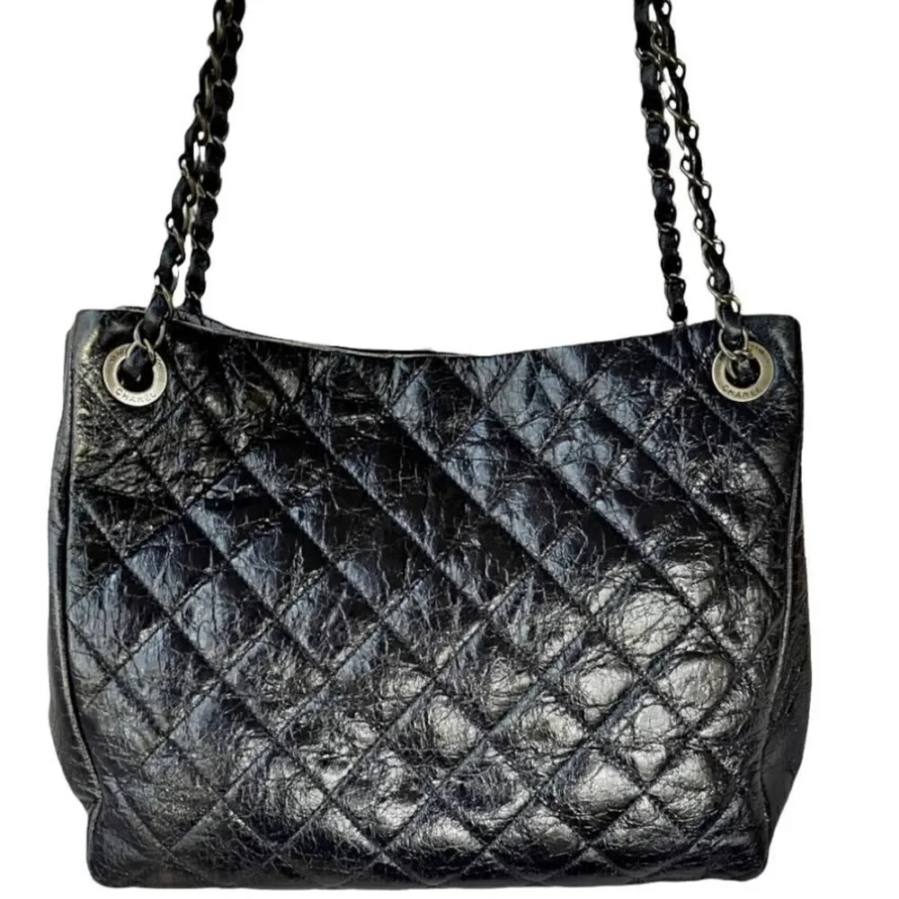 Chanel Accordion Large Quilted Crackled Handbag Blue